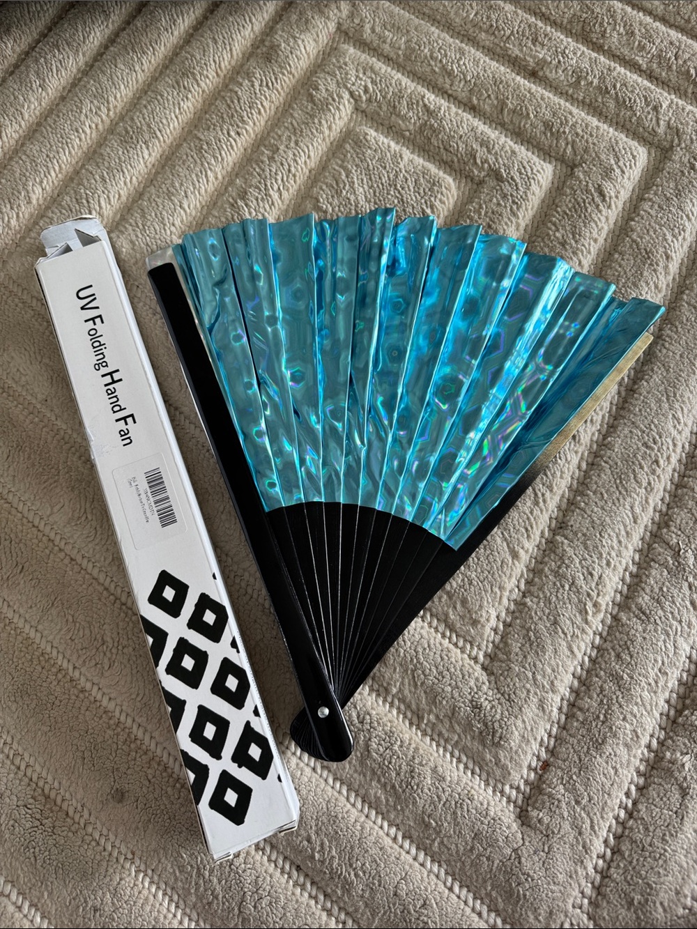 Iridescent Blue UV Folding Hand Fan great for concerts parades and much more